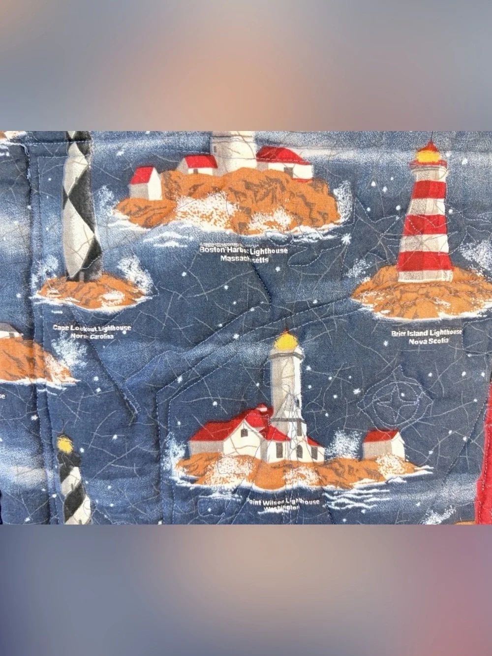Handmade Patriotic Americana Lighthouse/Sailboat Finished Wall Quilt 23”x41”